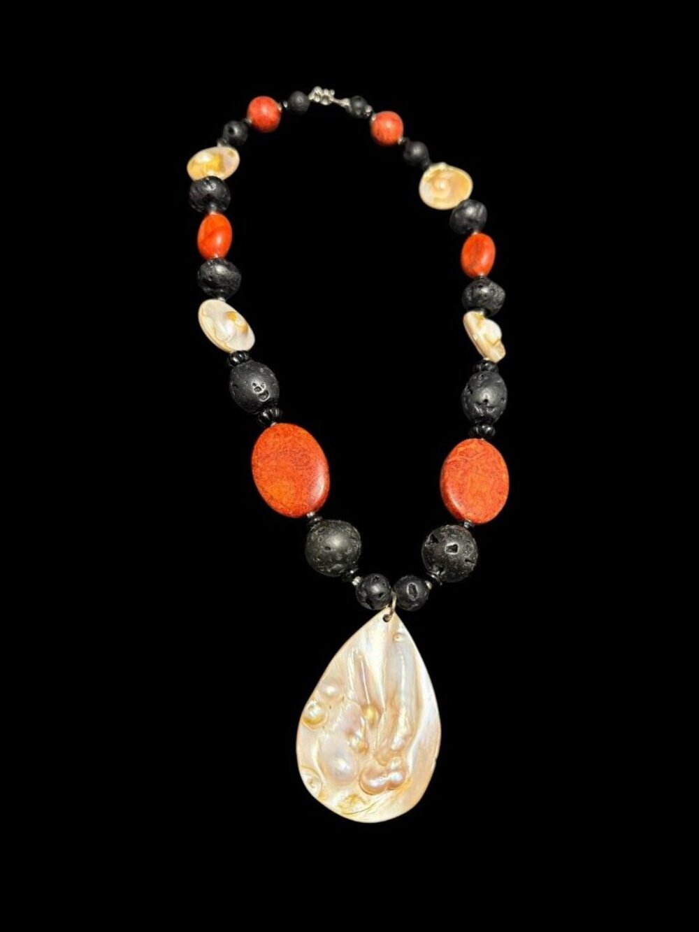 Vintage 925 Silver Blister Pearl Red Jasper Black Lava Rock Beaded Necklace